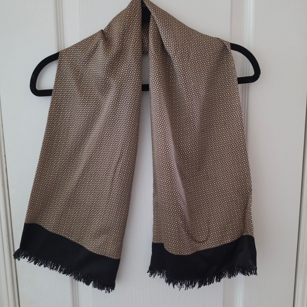 Vintage Silk Scarf Geometric Lattice Pattern Tan Black Fringed 10.5 x 45